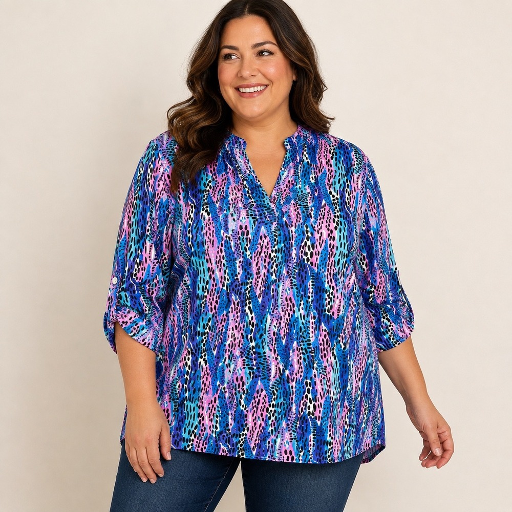 Sunshine & Rodeos Women's 3X Tunic Top Animal Print Roll Tab Sleeve Flowy NWT